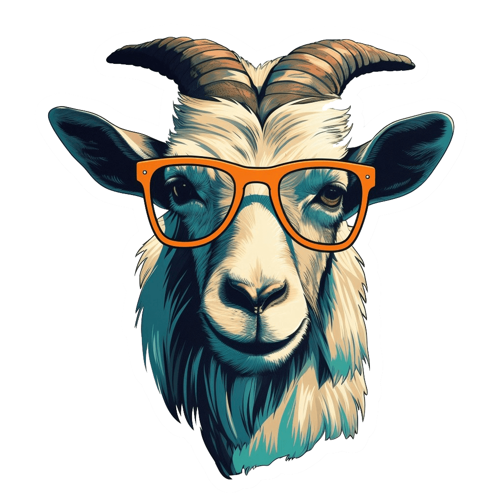 3D goat head wall decal wearing glasses in vibrant light indigo and amber colors.