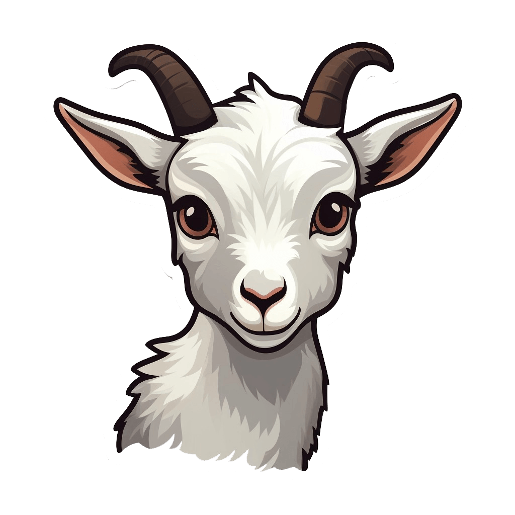 Cartoonish style baby goat wall sticker with white fur and dark horns.