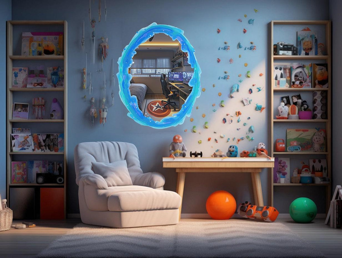 Vibrant blue and orange portal aura wall sticker in a spacious game room with cozy furniture and colorful decor.