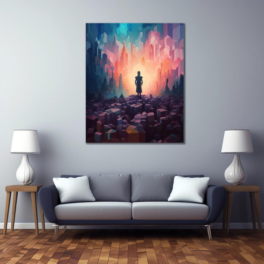 Personalized canvas wall art featuring a silhouetted figure in a colorful abstract landscape.