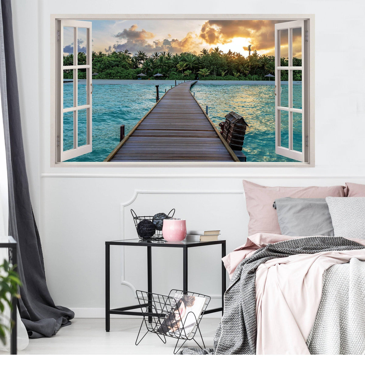 Tropical paradise window decal featuring a serene beach view through open windows, enhancing room decor.