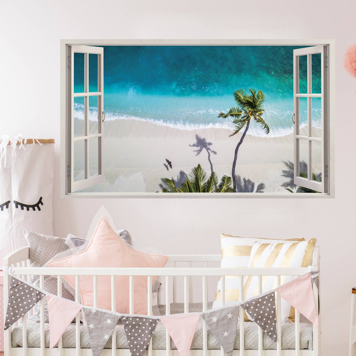 Beach view 3D wall decal with palm trees, creating a tropical paradise in a nursery setting.