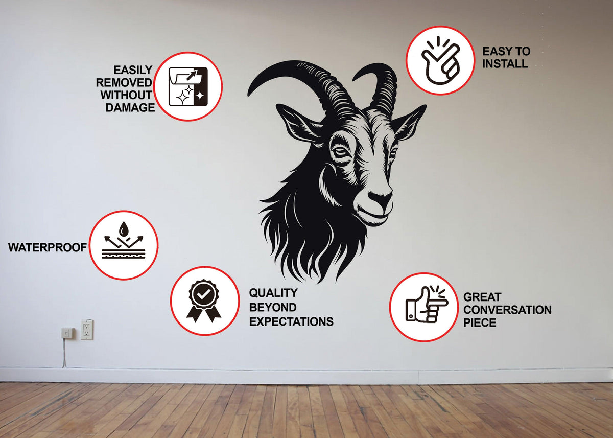 Product features graphic for the large zodiac goat wall decal.