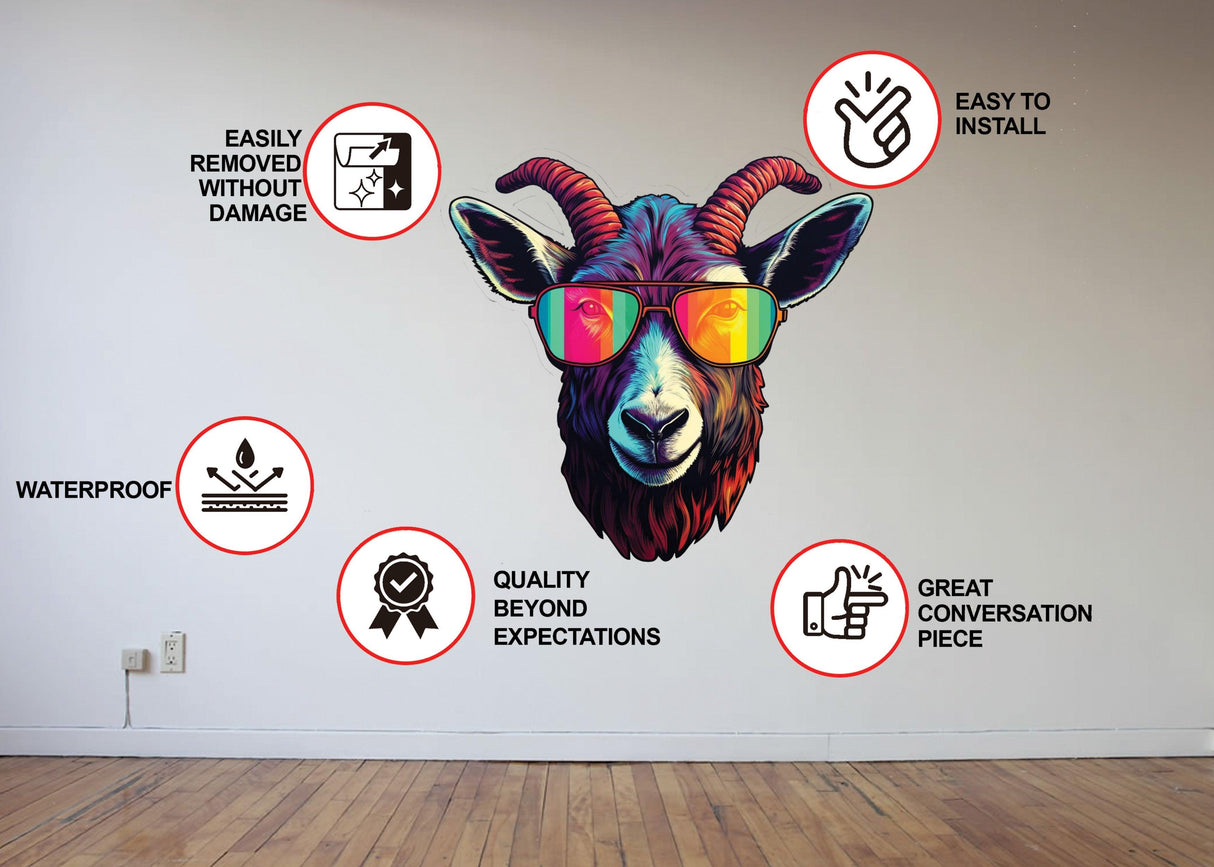 Product features graphic for the colorful goat with sunglasses wall decal.