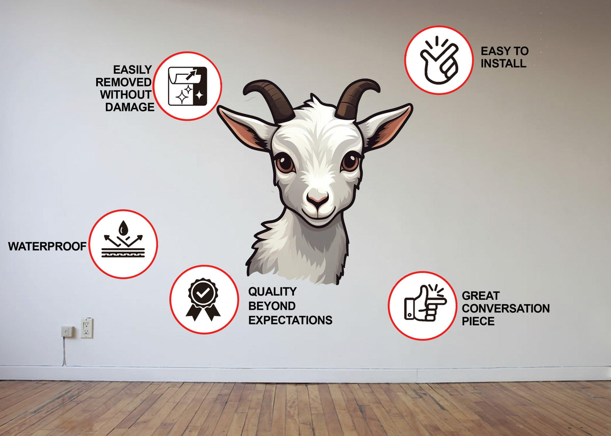 Product features graphic for the playful baby goat wall sticker.