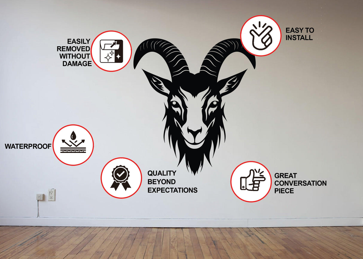 Product features graphic for the goat head silhouette wall sticker.