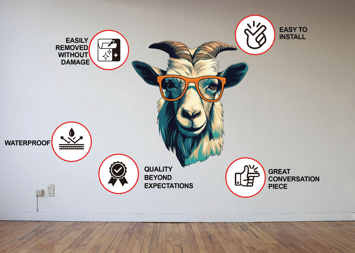 3D goat head wall decal with glasses.