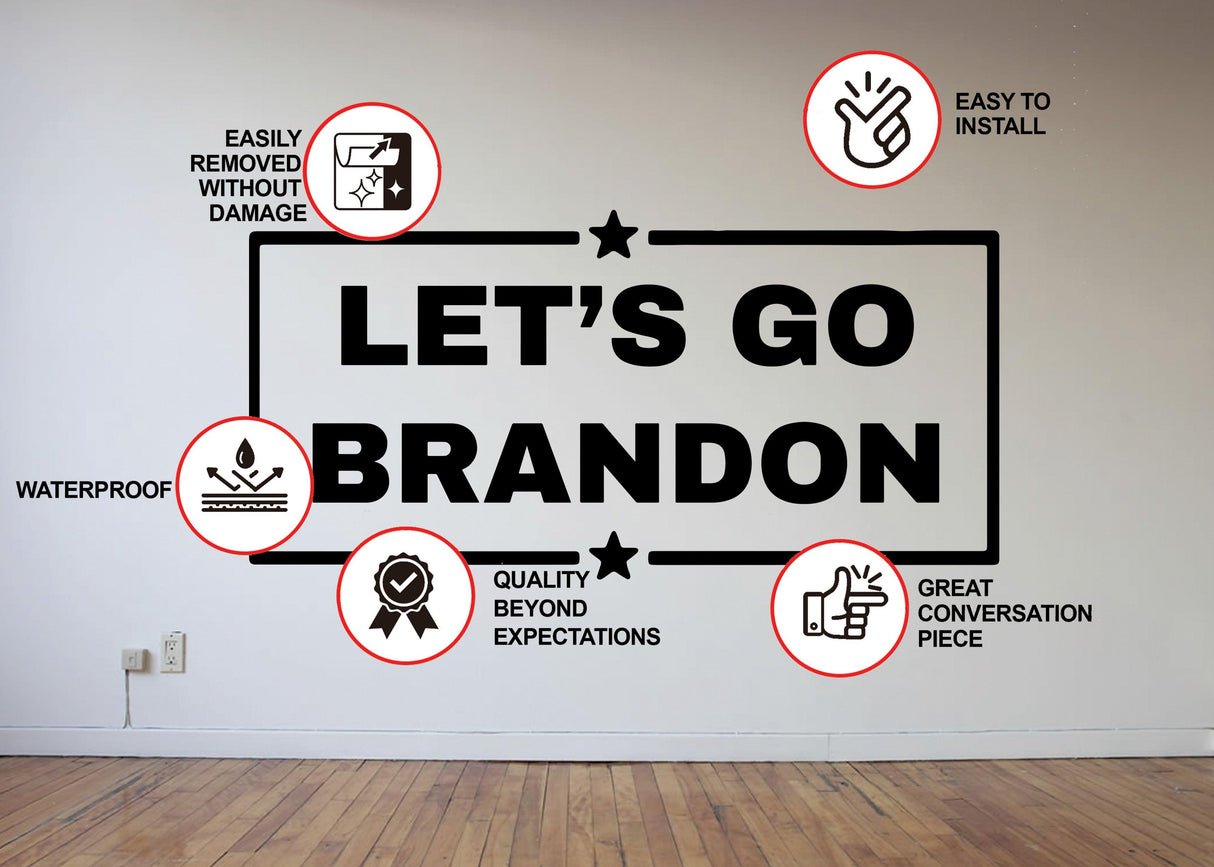 Product features graphic for the Let's Go Brandon vinyl die-cut decal.