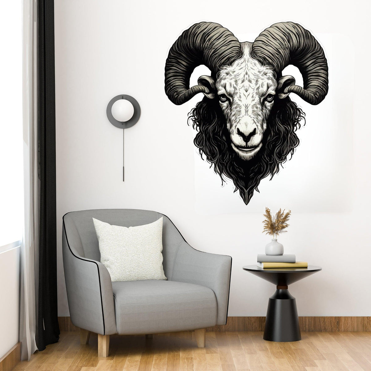 Large ram wall sticker in bold, angular design, featuring intricate black and white illustration on a modern living room.