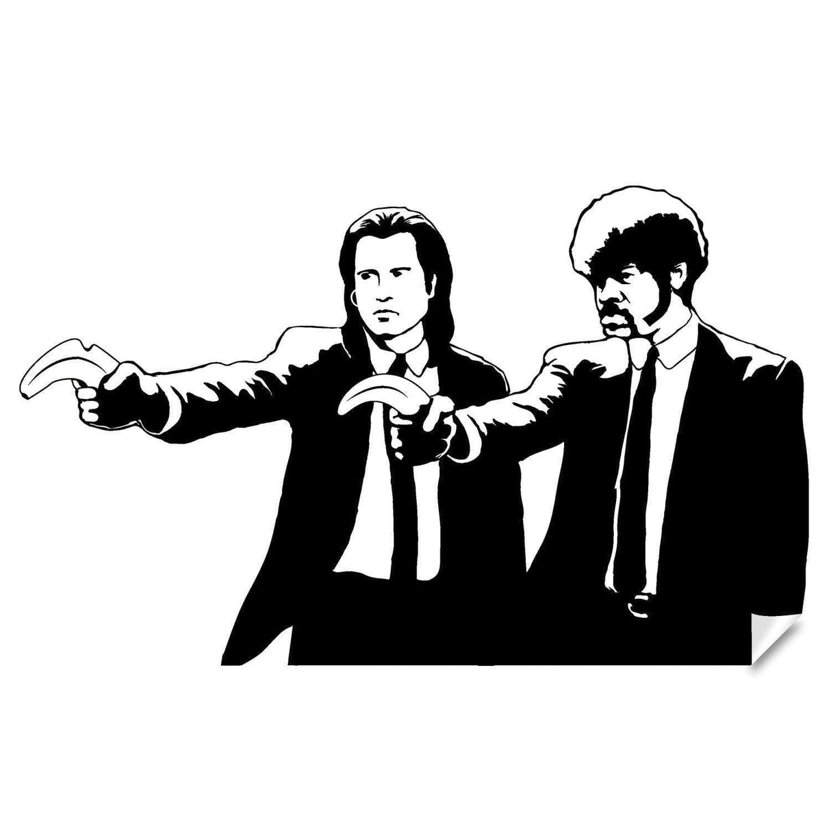 Black-and-white retro movie duo wall sticker with two figures pointing.