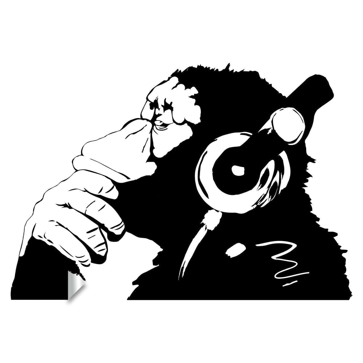 Contemplative primate wall art sticker featuring a monkey with headphones.