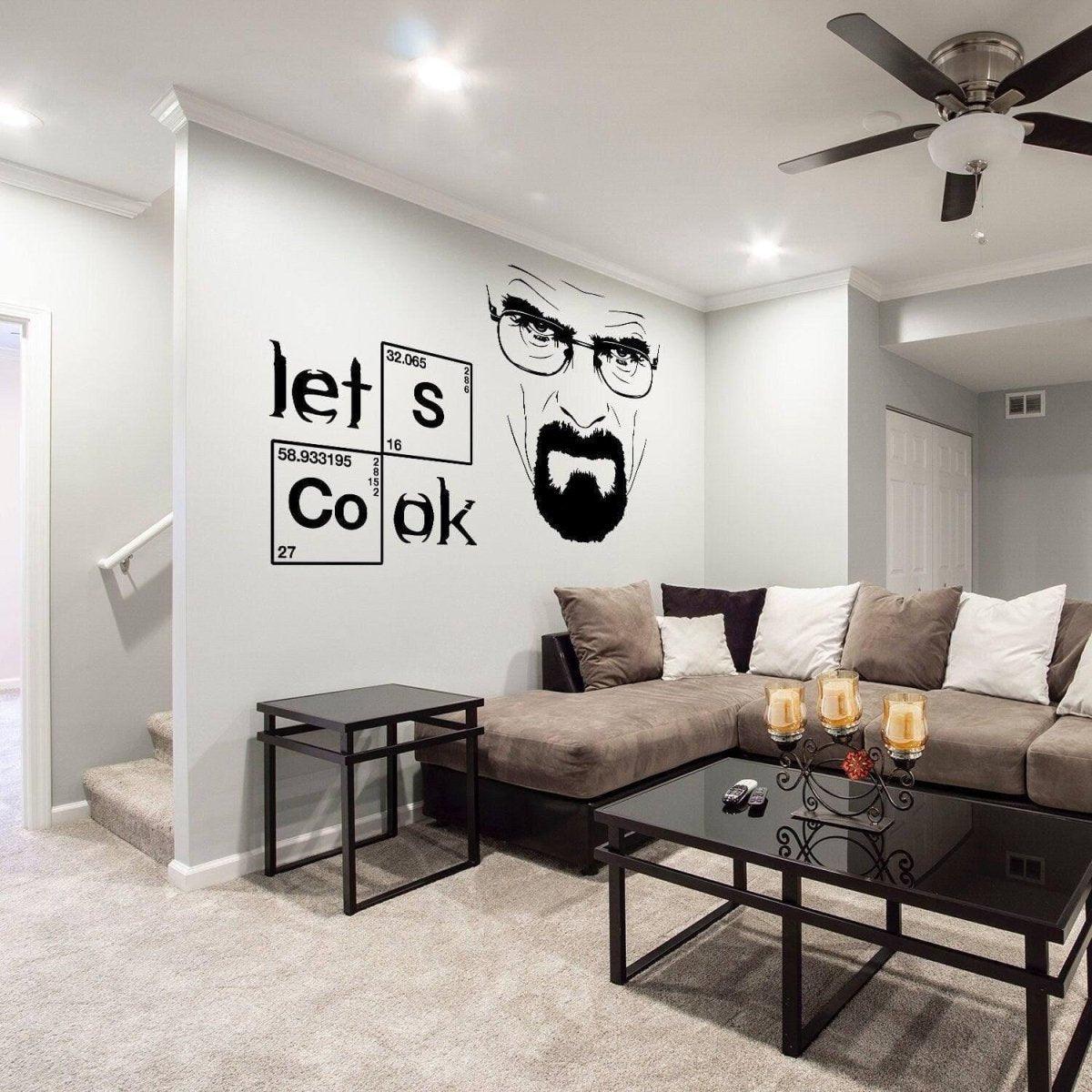 Let's Cook chemistry-themed kitchen wall sticker displayed in a modern interior.
