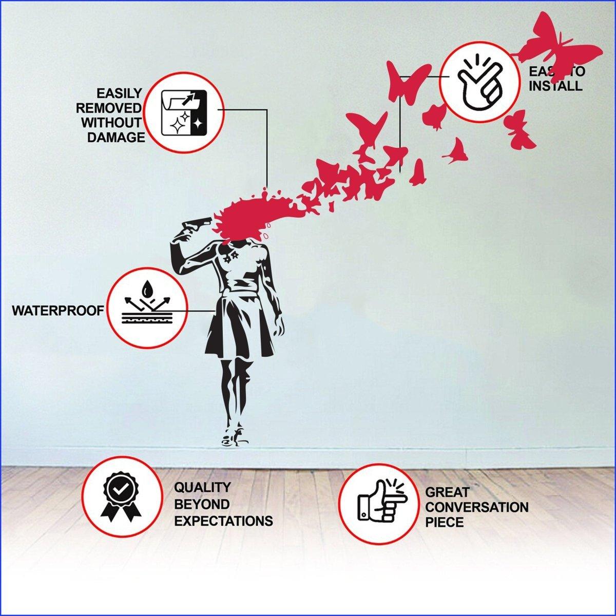 Product features graphic for the Butterfly Girl street-art wall decal.