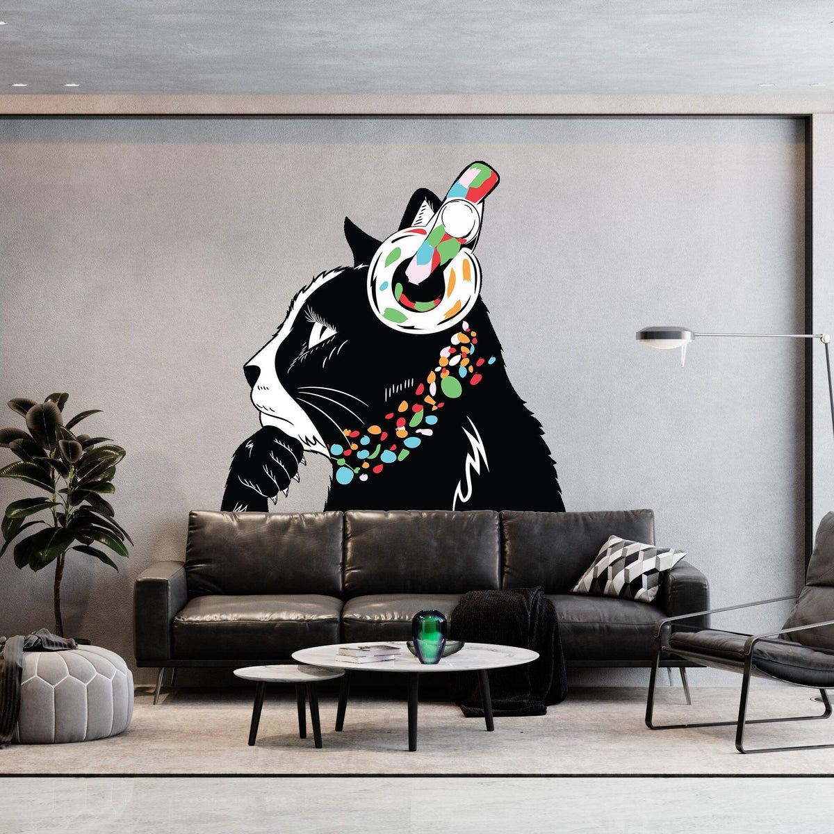 Charming cat wall decal with headphones, colorful design in modern living room decor.