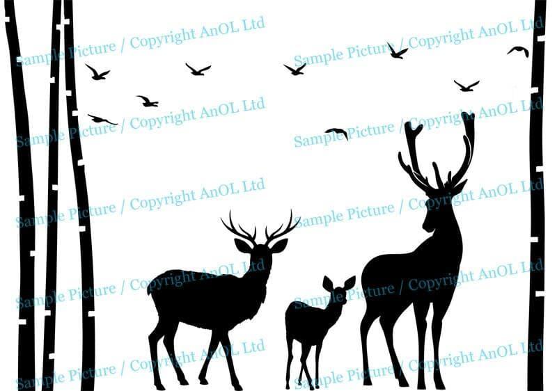 Silhouette of deer and a fawn among trees with birds flying.