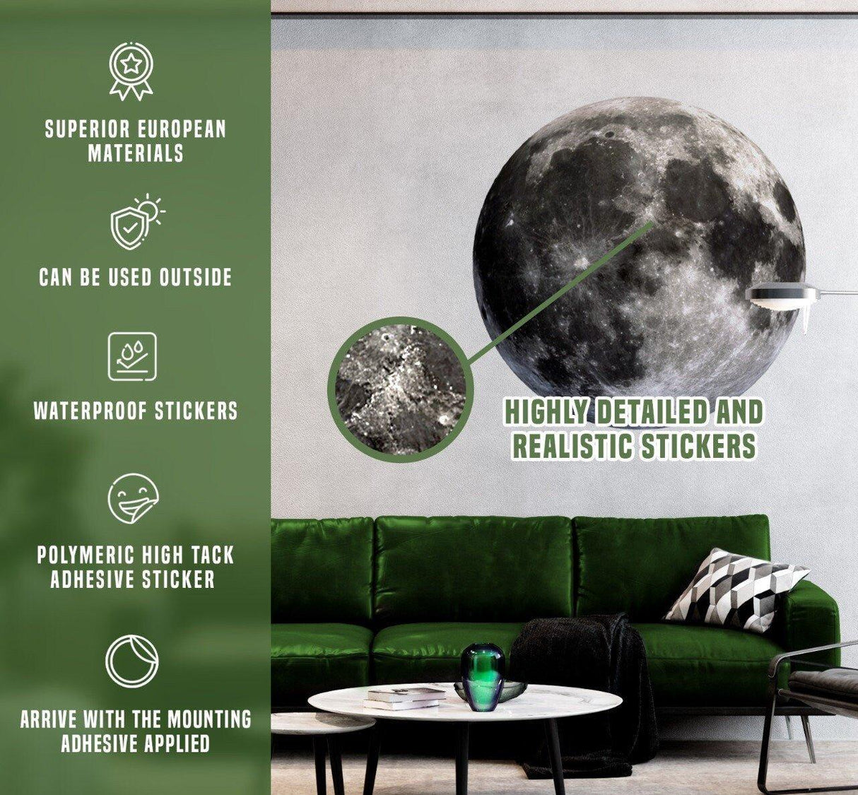 Product features graphic for the detailed moon wall sticker decal.