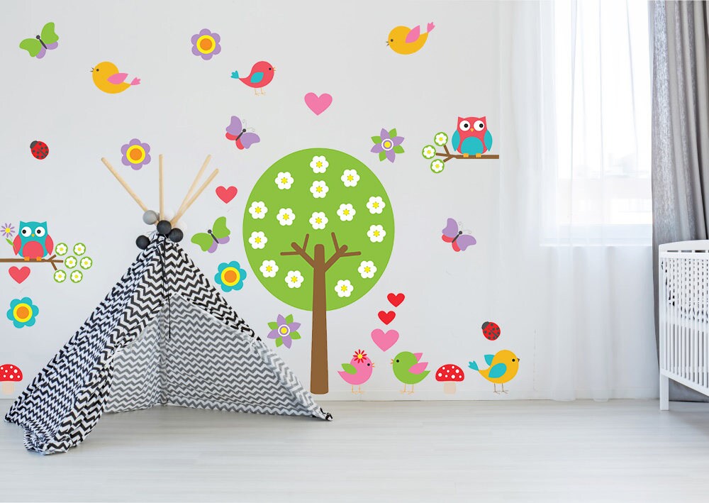Nursery Tree Vinyl Wall Decal - Large Decor Bird Owl Boy Girl Kid Baby Art Set Sticker.
