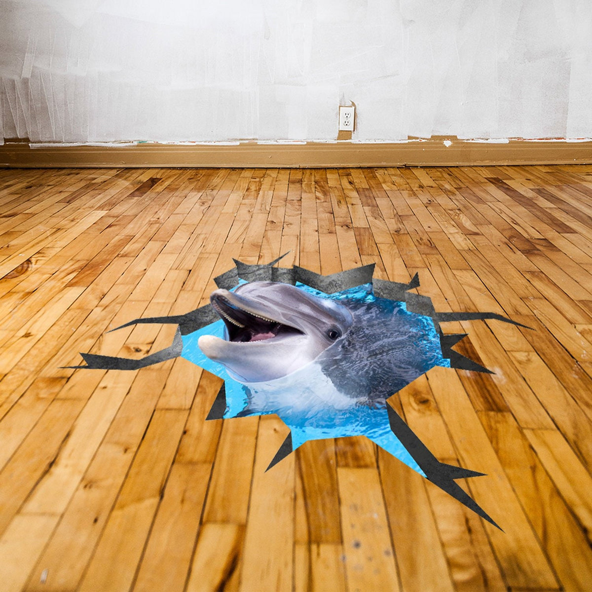 3D dolphin floor sticker with a printed ocean illusion