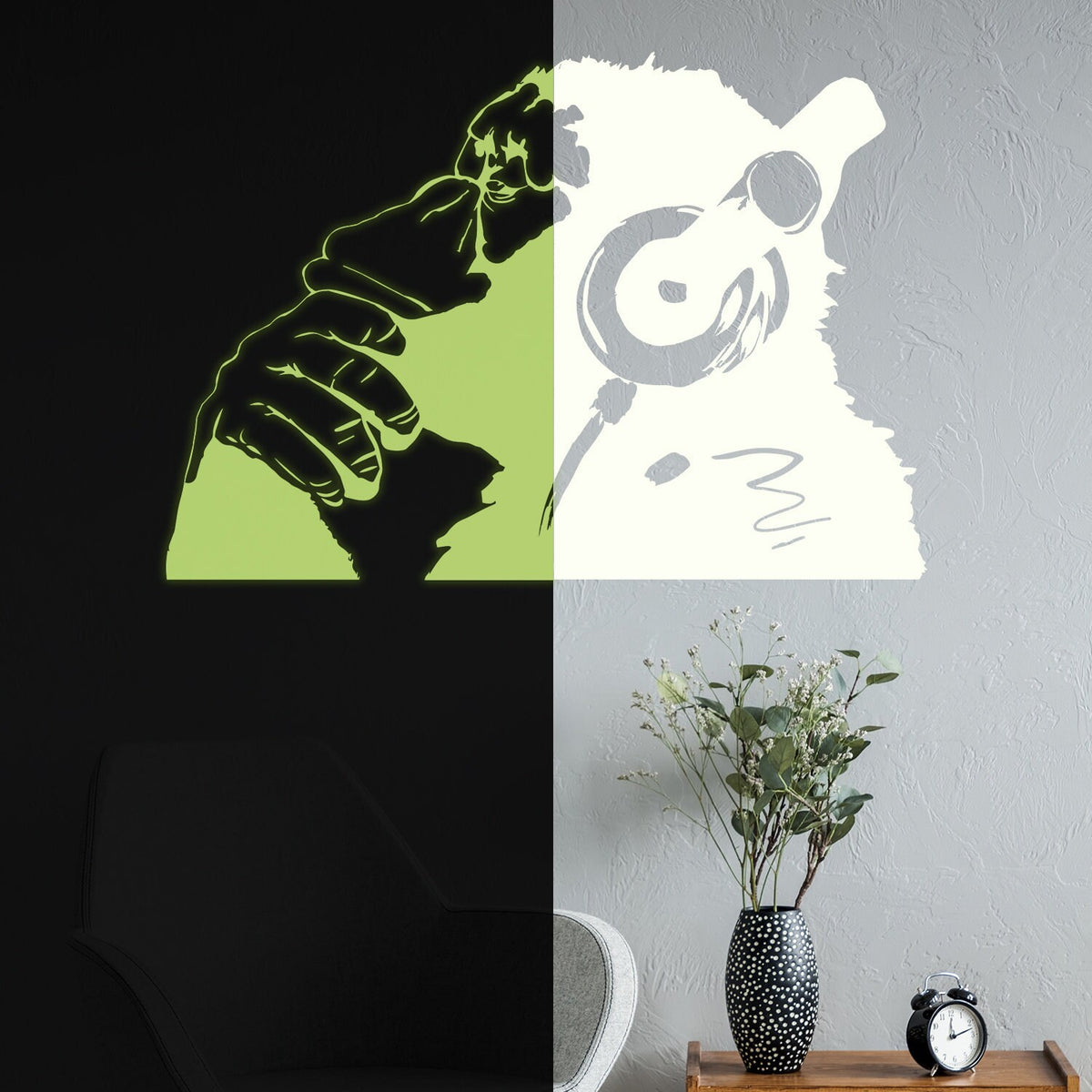 Glow-in-the-dark monkey with headphones vinyl wall decal.