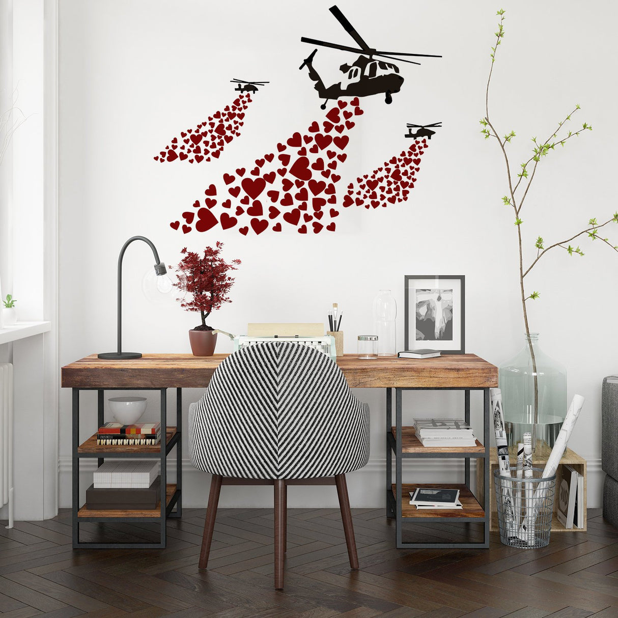 Helicopter with hearts street art vinyl wall decal.
