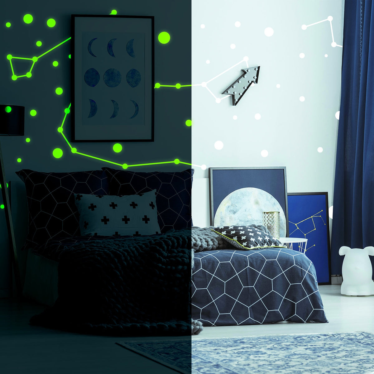 Product presentation view of 225x Glow In Dark Zodiac Star Wall Sticker.