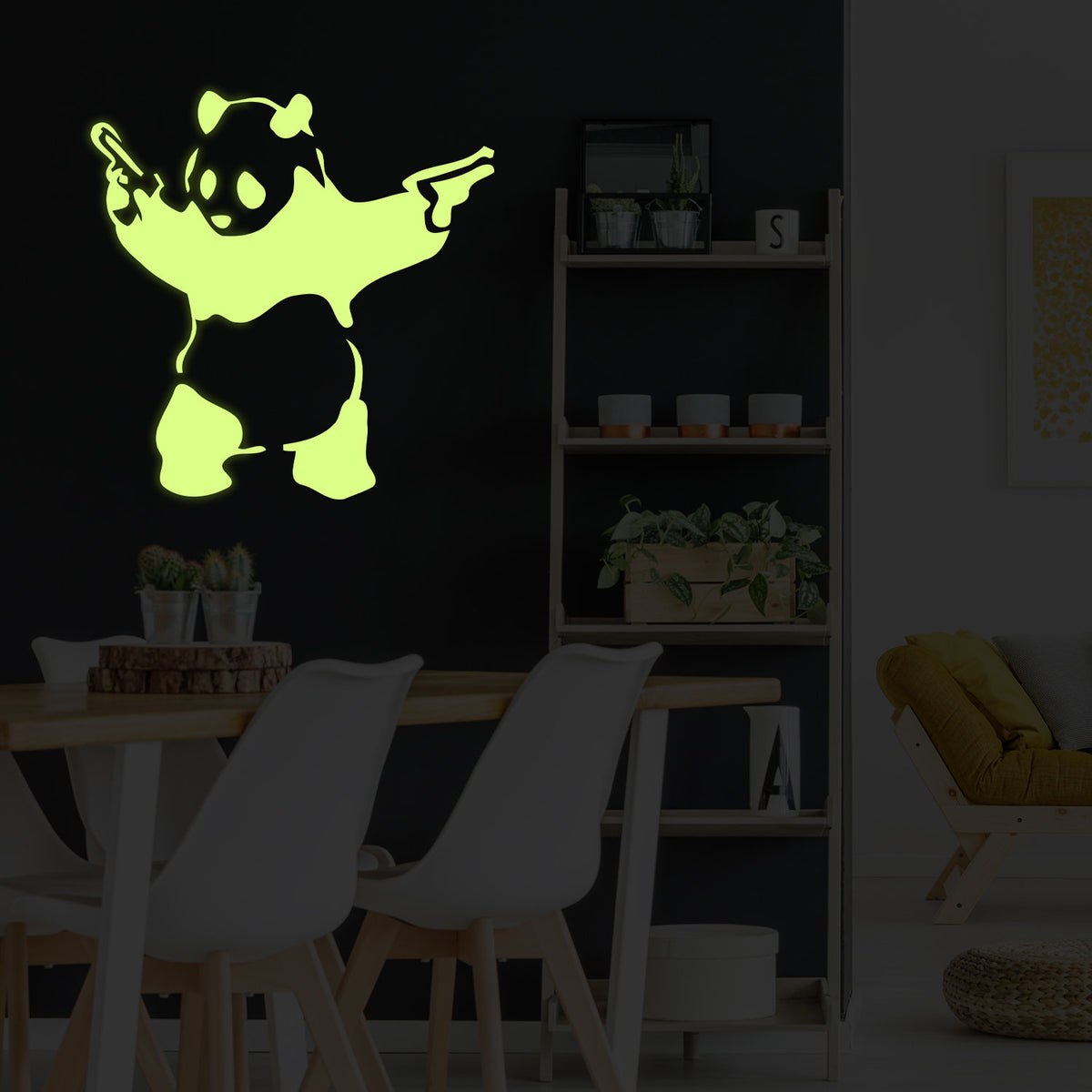 Alternate product presentation of Glow In Dark Artist Panda With Shooting Guns Wall Sticker.