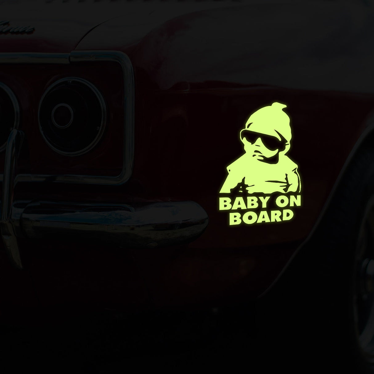 Alternate product presentation of Glow In Dark Baby On Board Funny Car Vinyl Sticker.