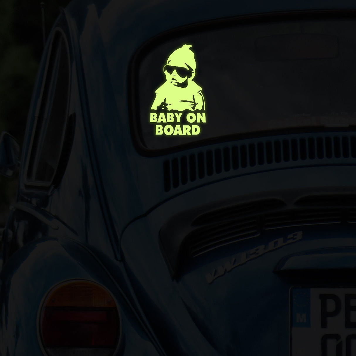 Product presentation view of Glow In Dark Baby On Board Funny Car Vinyl Sticker.