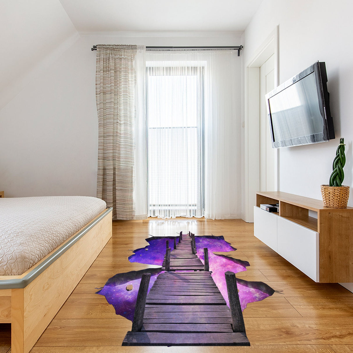 Product presentation view of 3D Purple Galaxy Bridge Floor Decal.