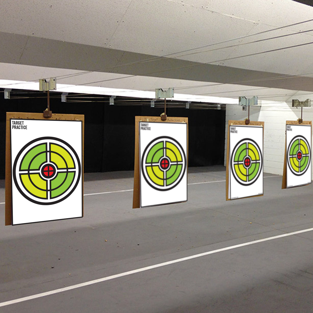 Concentric ring scoring target poster shown in a practice setting.