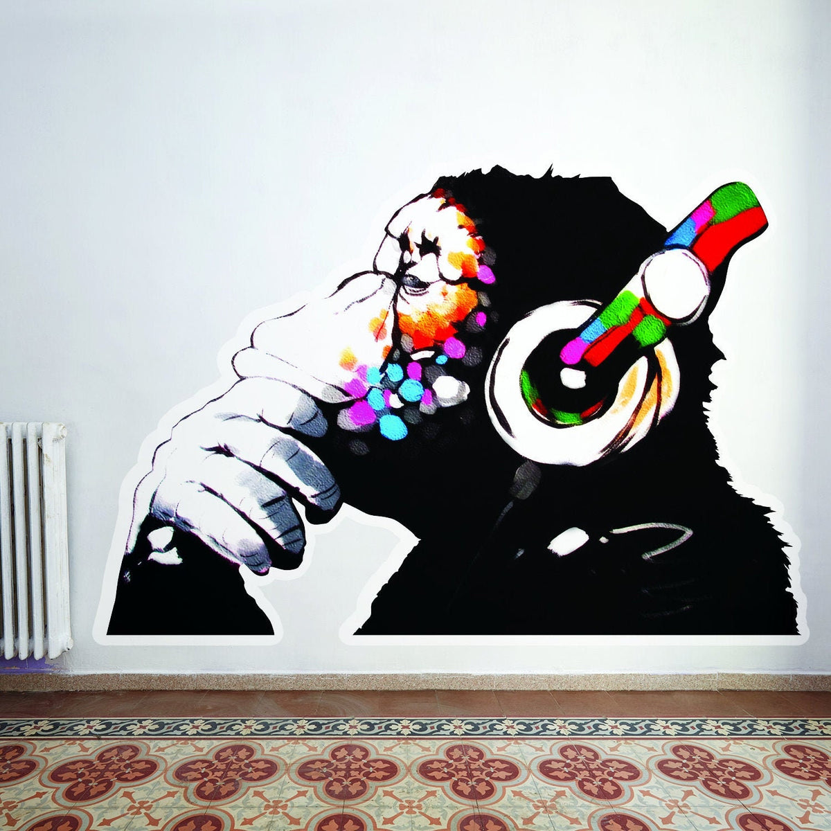 Thinking monkey with headphones wall sticker.