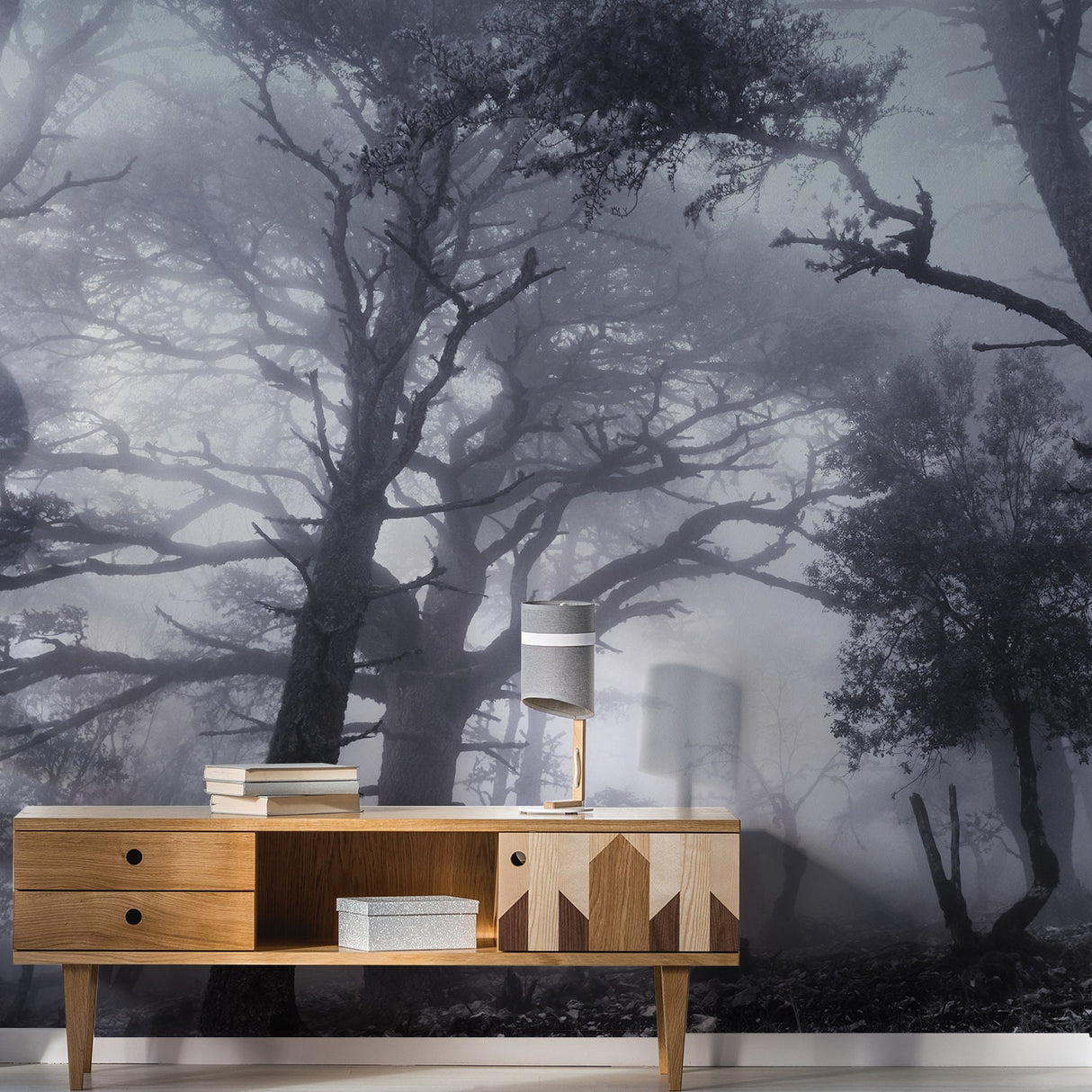 Product presentation view of Foggy Forest Wallpaper Decal.