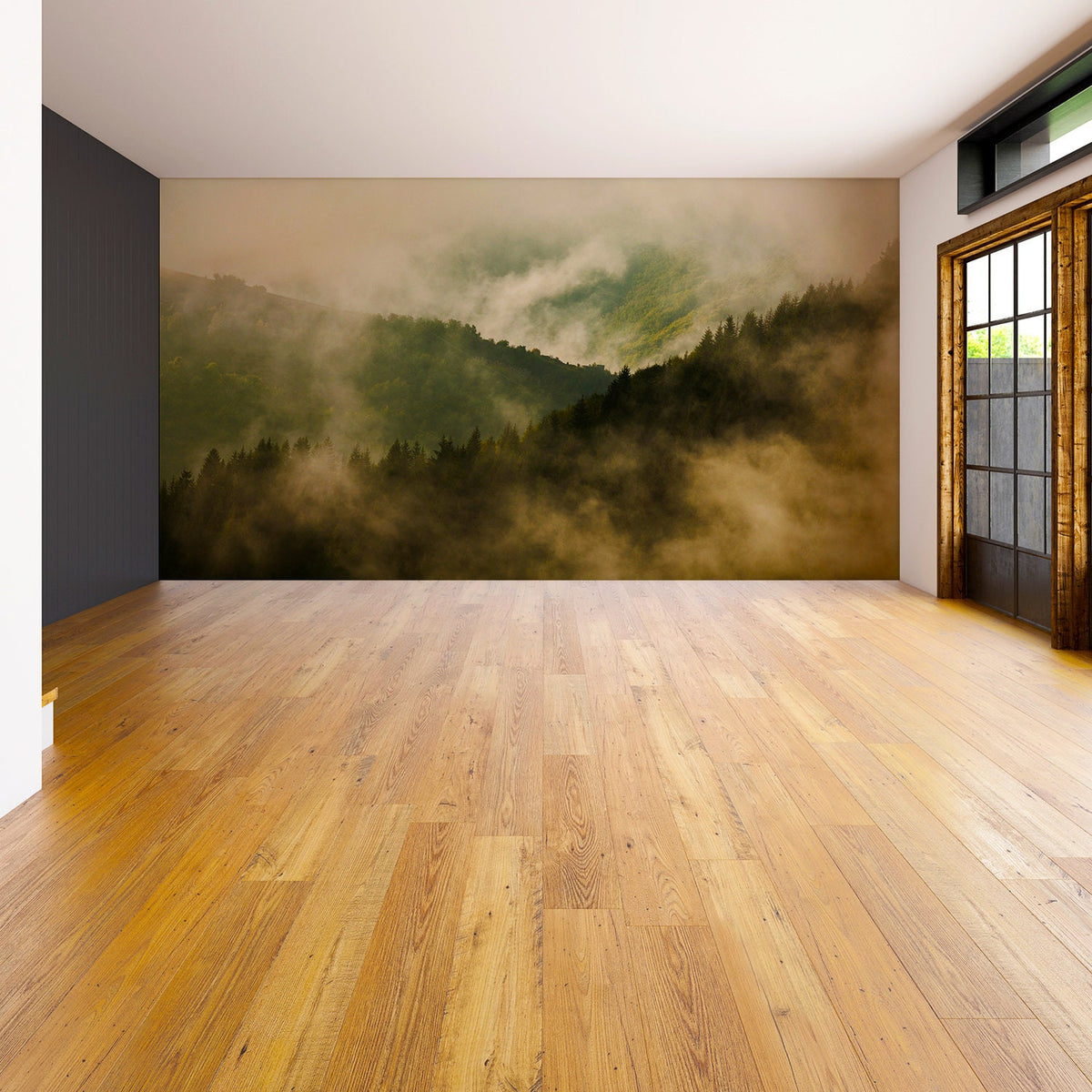 Product presentation view of Foggy Forest Wallpaper Decal.