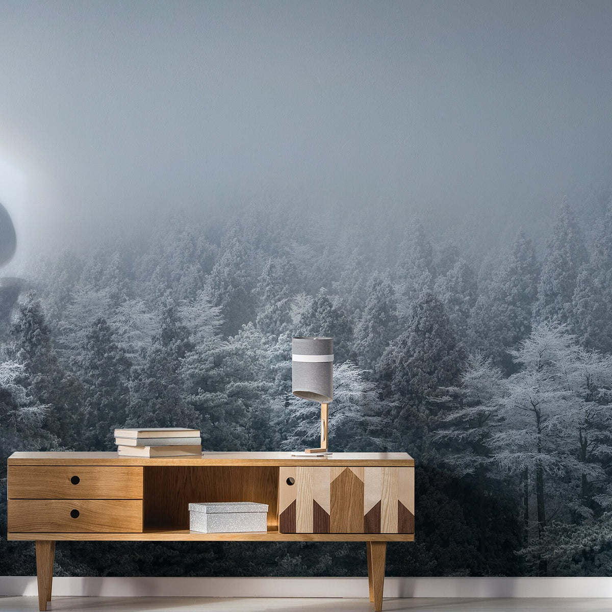 Product presentation view of Foggy Forest Wallpaper Decal.