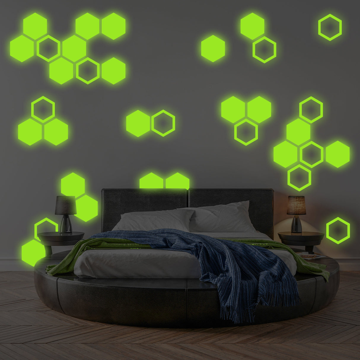 Product presentation view of 50x Glow In Dark Honeycomb Wall Decals Decor.