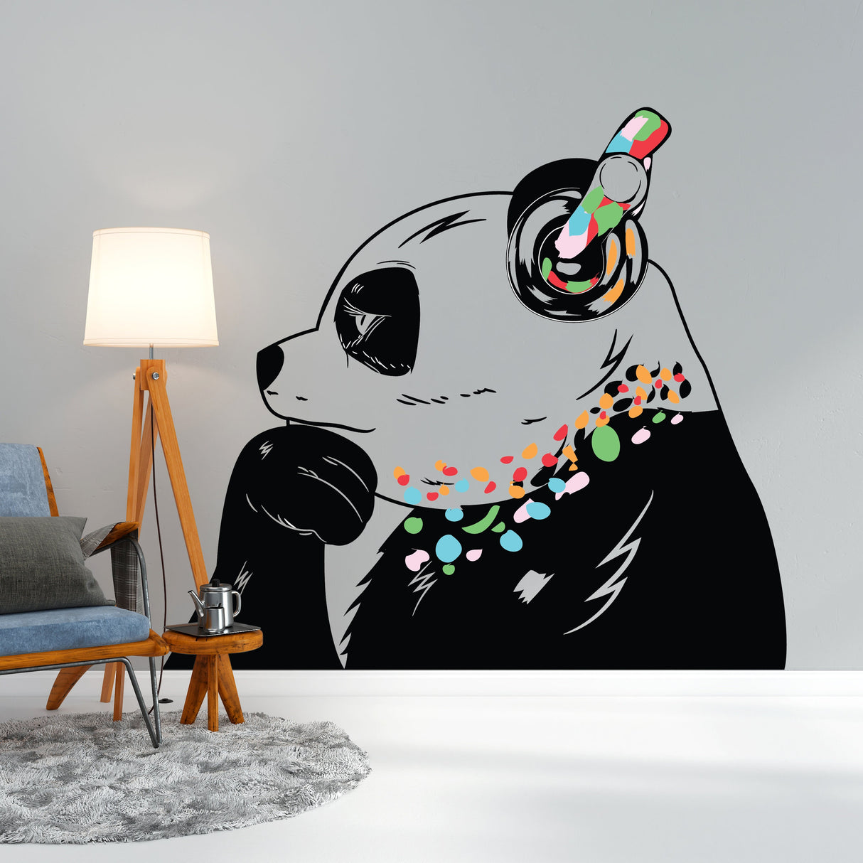 Panda Wall Art Sticker - Thinking Dj Panda Bear Head Headphones Vinyl Decal.