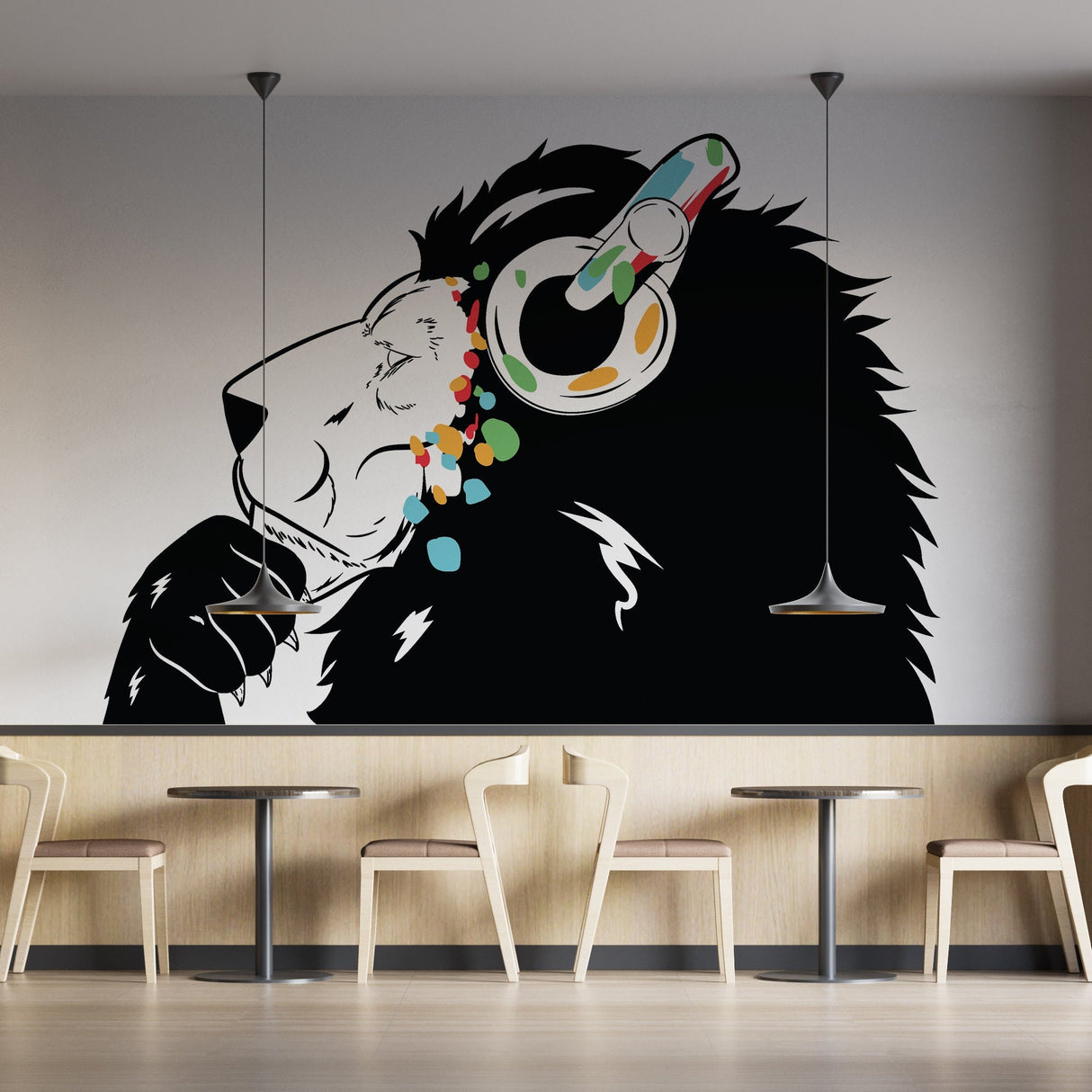 Lion in headphones wall decal shown in a product image.