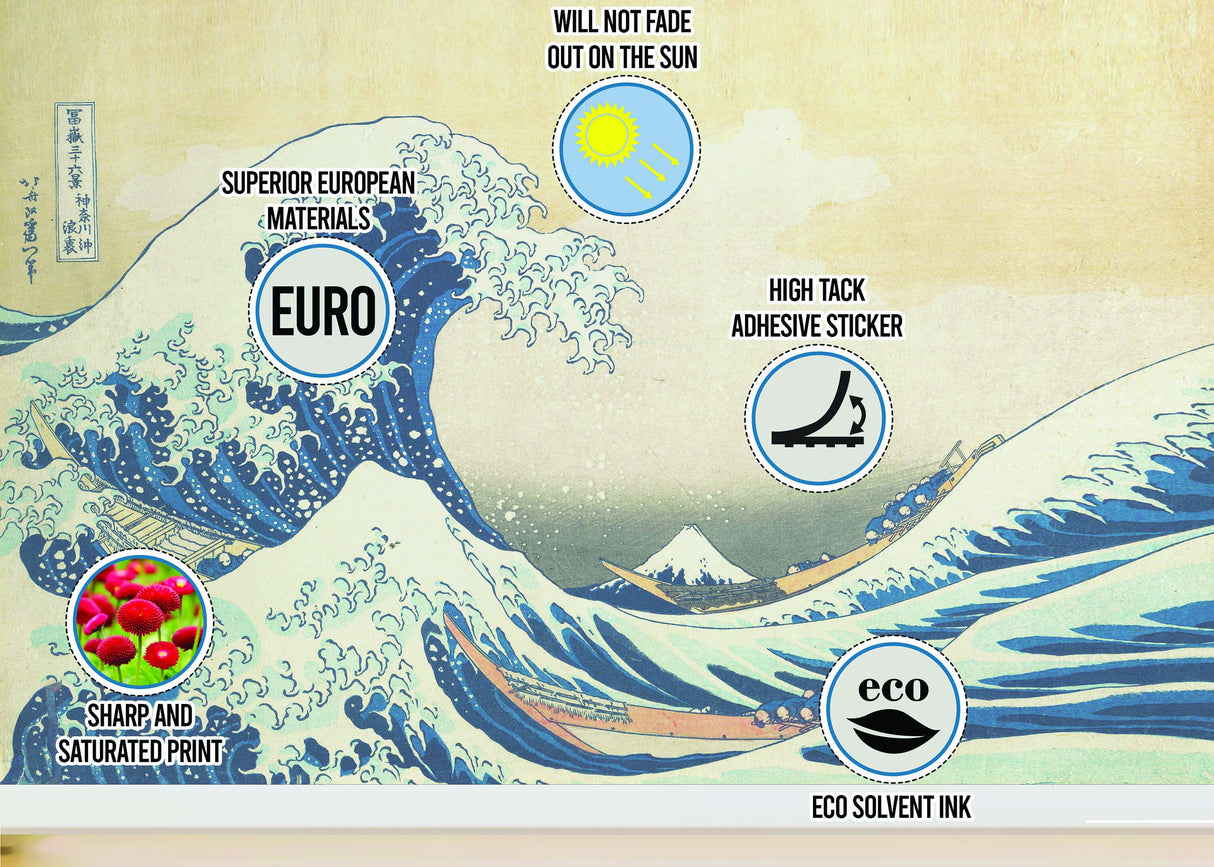 Kanagawa Wave Wallpaper Decal - The Great Waves Japanese Ocean Art Vinyl Wall Sticker for Home Decor.