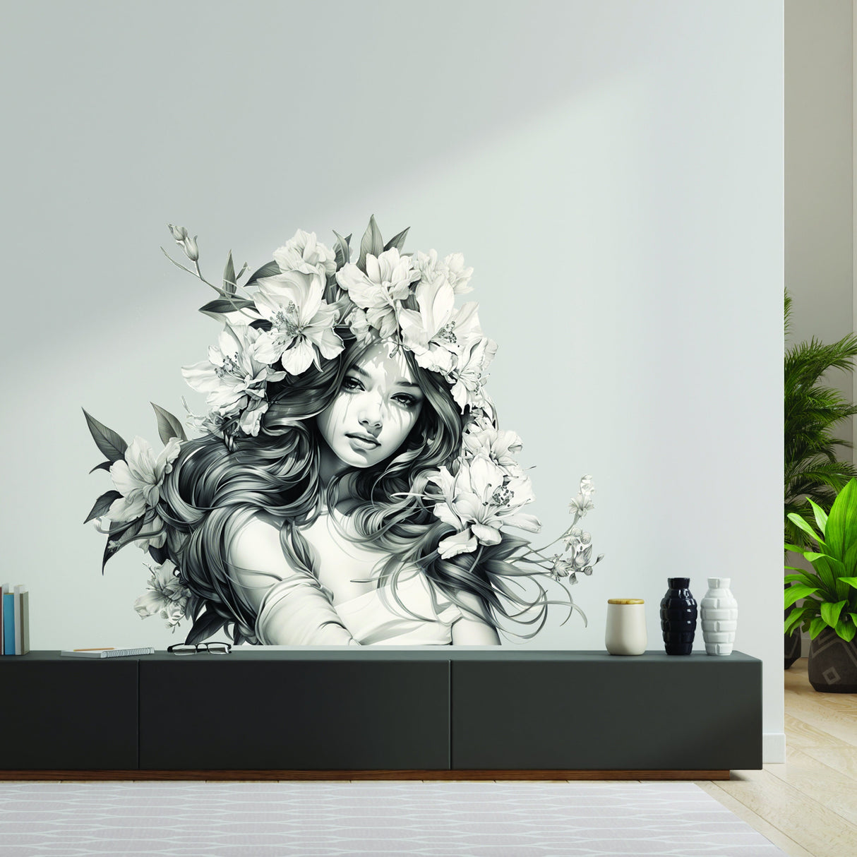 Monochrome woman portrait wall decal with flowers in her hair