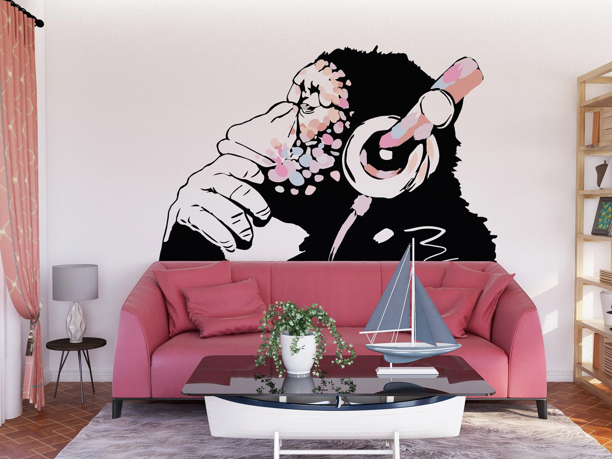 Pink thinking monkey street art wall decal.