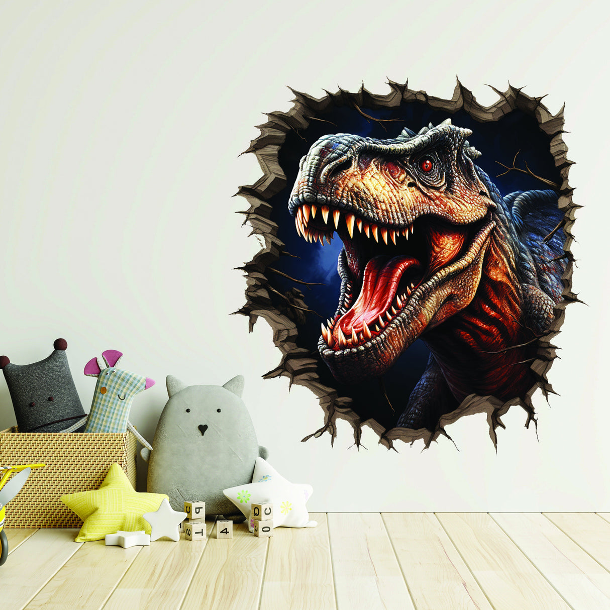 Alternate product view of the 3D dinosaurs cracked-wall porthole decal.