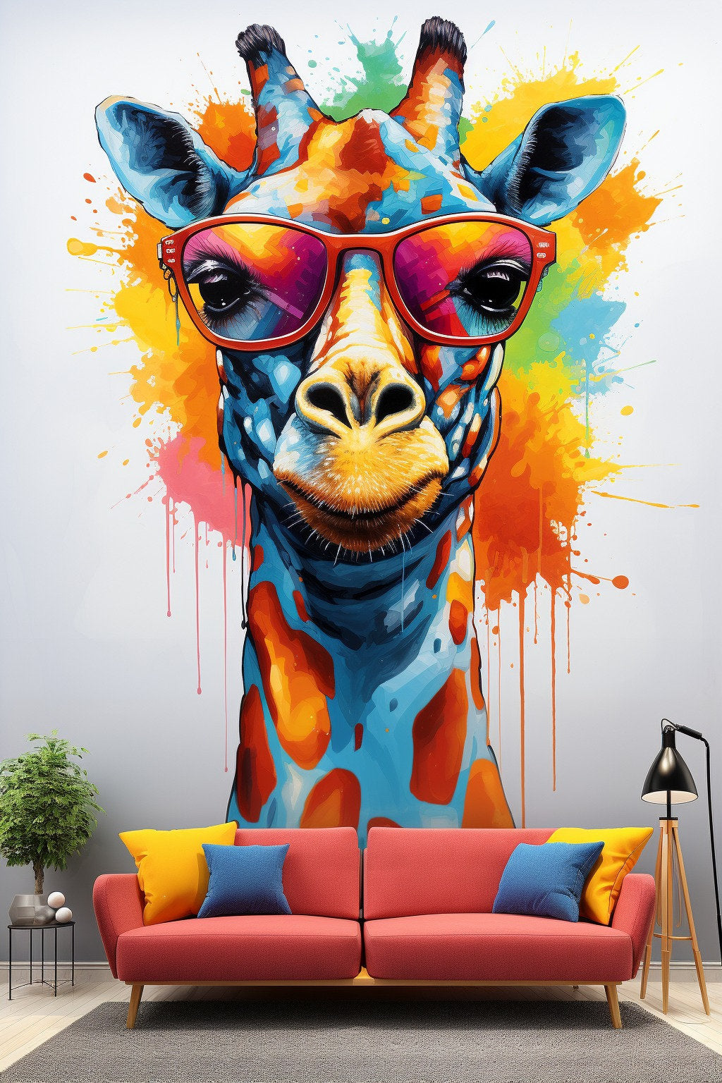 Watercolor giraffe with glasses wall decal displayed in a toddler room.