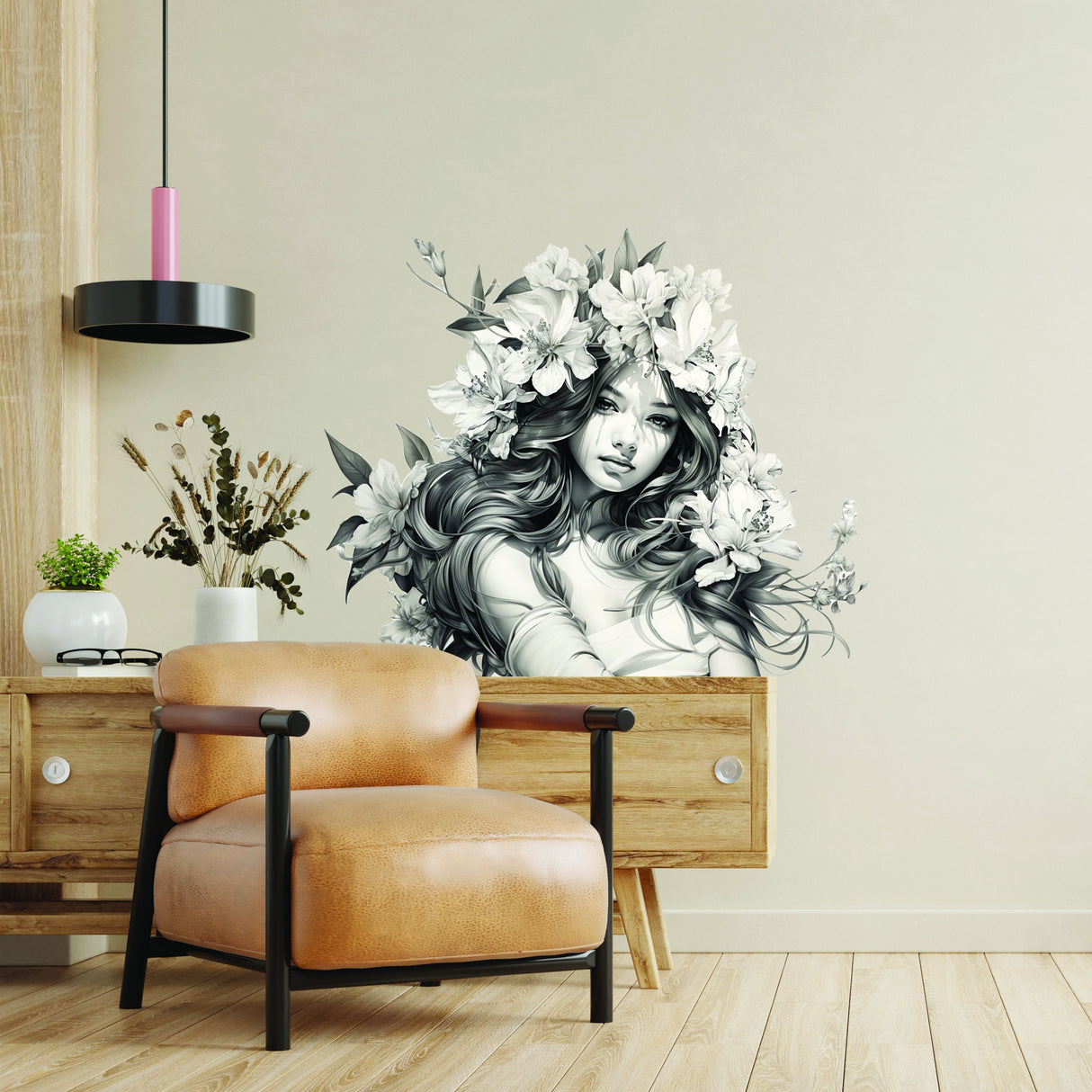 Product presentation view of the woman with floral hair wall decal.