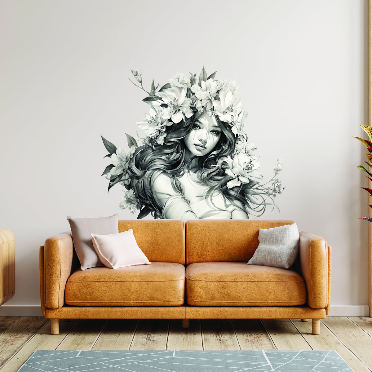 Alternate product presentation of the woman with floral hair wall decal.
