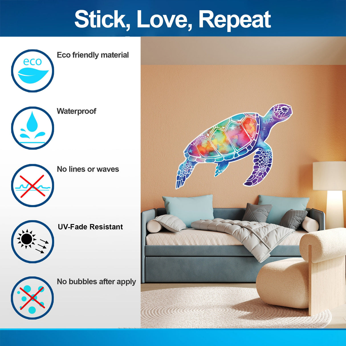 Alternate product view of the radiant sea turtle wall decal.