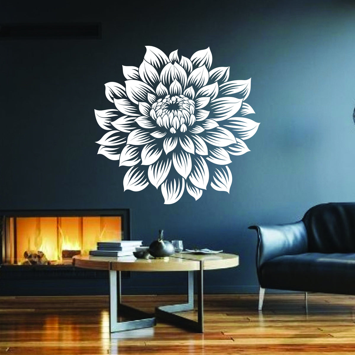 Large botanical flower wall sticker shown in a product presentation.
