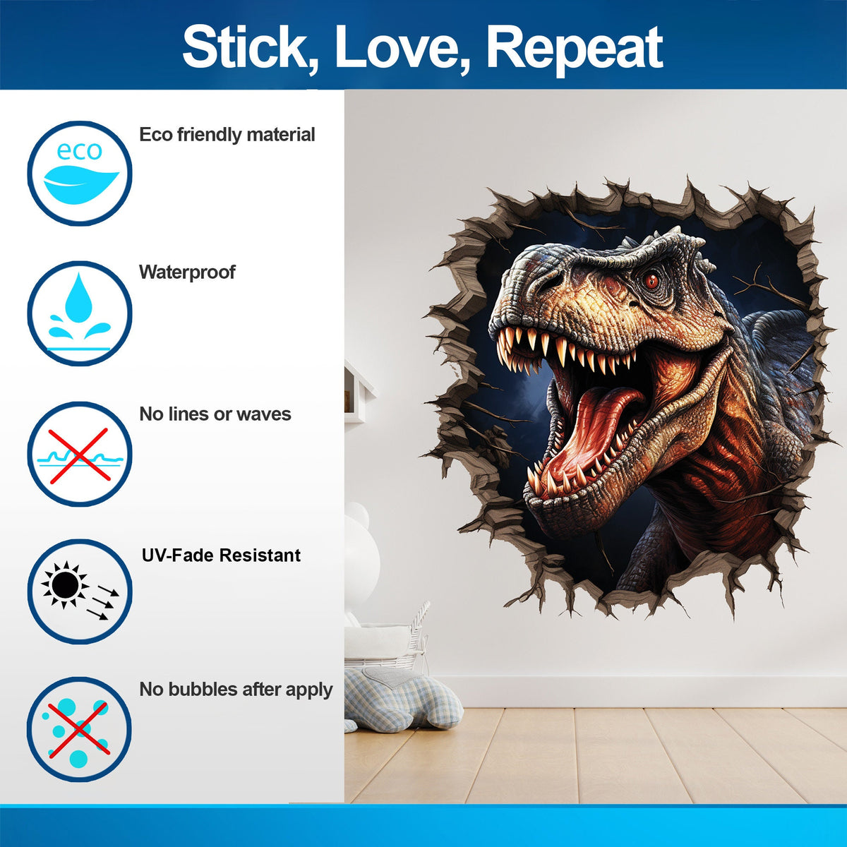 3D dinosaurs cracked-wall porthole decal shown in a product view.