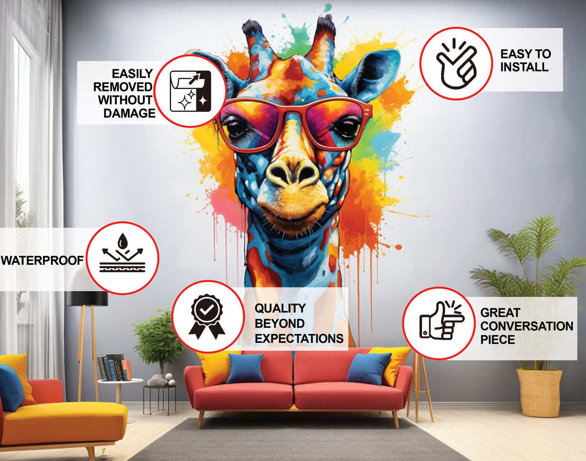 Colorful giraffe with glasses shown in the wall decal design.