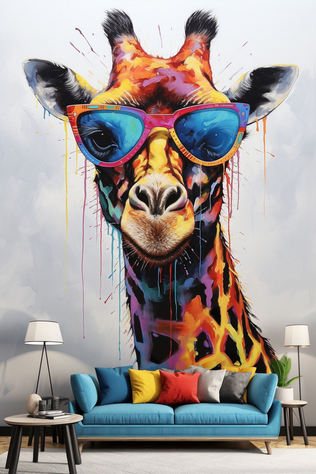 Alternate product view of the charming giraffe with glasses wall decal.
