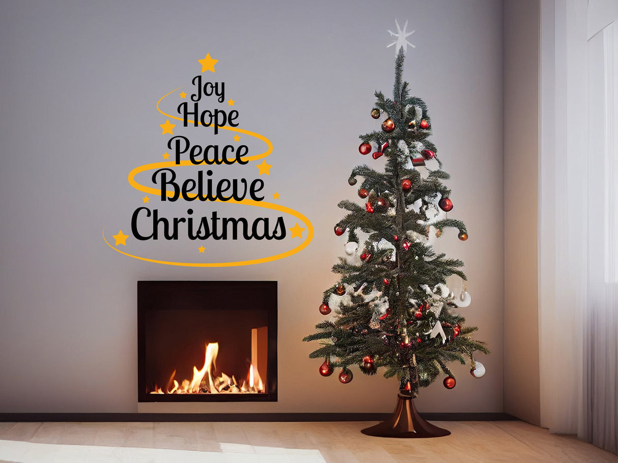 Product gallery view of the Joy Hope Peace Believe Christmas wall decal, layout 1.